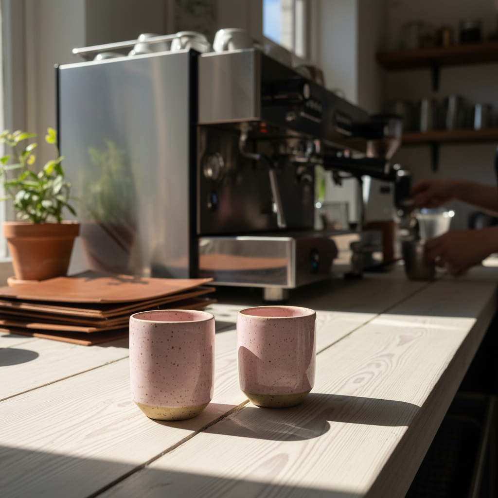 AI image - kopperne er lavet i lava ler og med lyserød glasering - perfekt til espresso