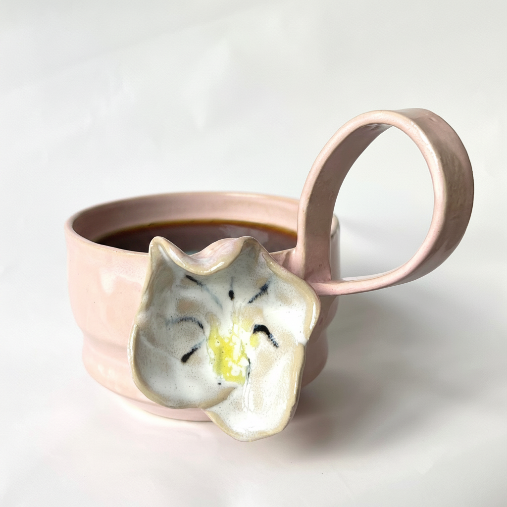 Håndlavet lyserød kop med høj hank og dekorativ blomst på ydersiden - dejlig stor kop kaffe
