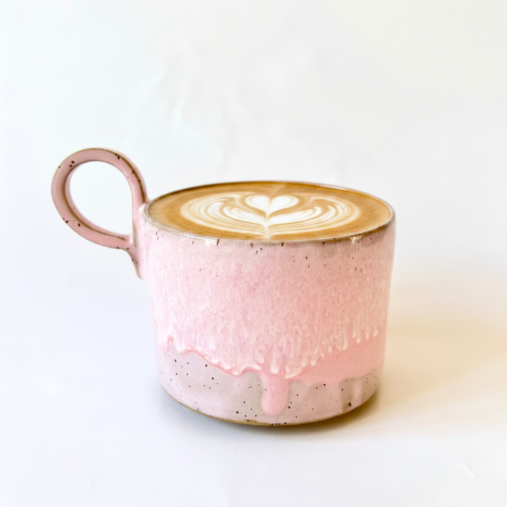 AI image - Koppen er drejet og glaseret i lyserød glasur. Perfekt til din café latte. 